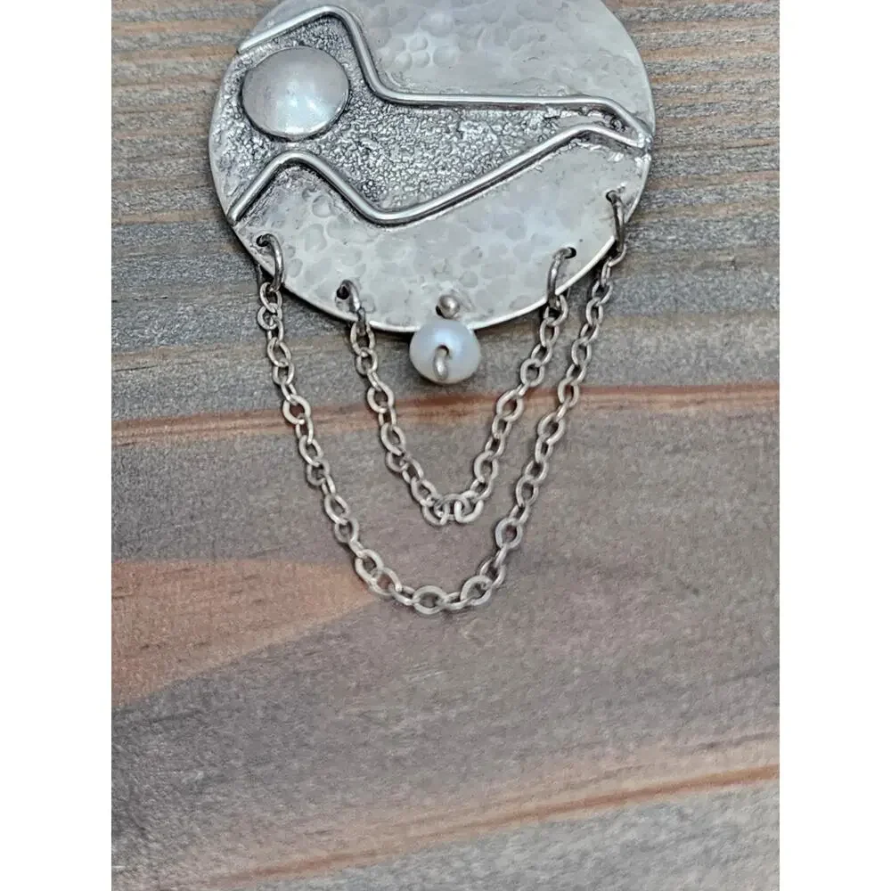 Artisan Handmade Sterling Silver 925 Hammered Moon Pearl Brooch Pendant Pin